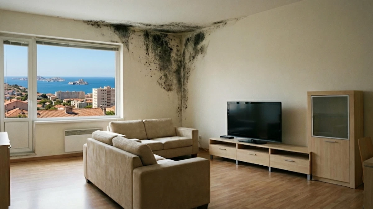 Coin de mur et plafond couverts de moisissure noire dans un salon avec vue sur mer à Marseille.