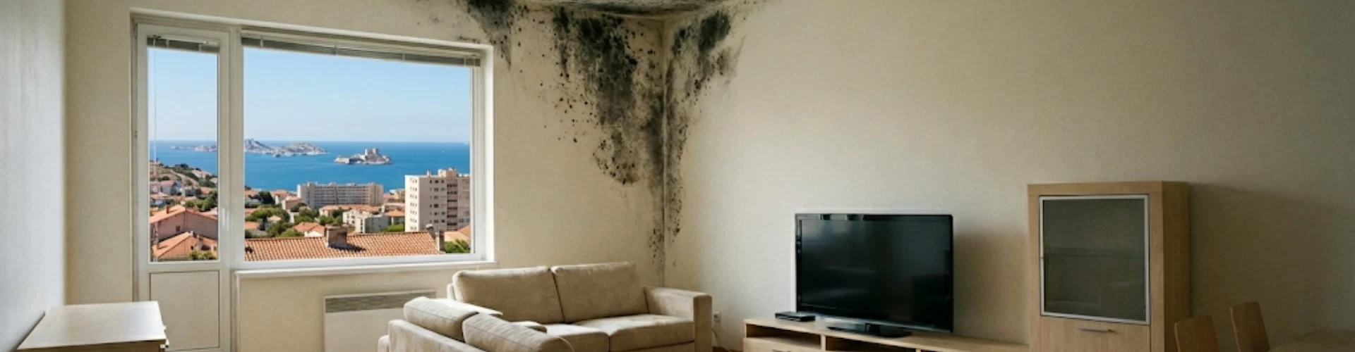 Coin de mur et plafond couverts de moisissure noire dans un salon avec vue sur mer à Marseille.