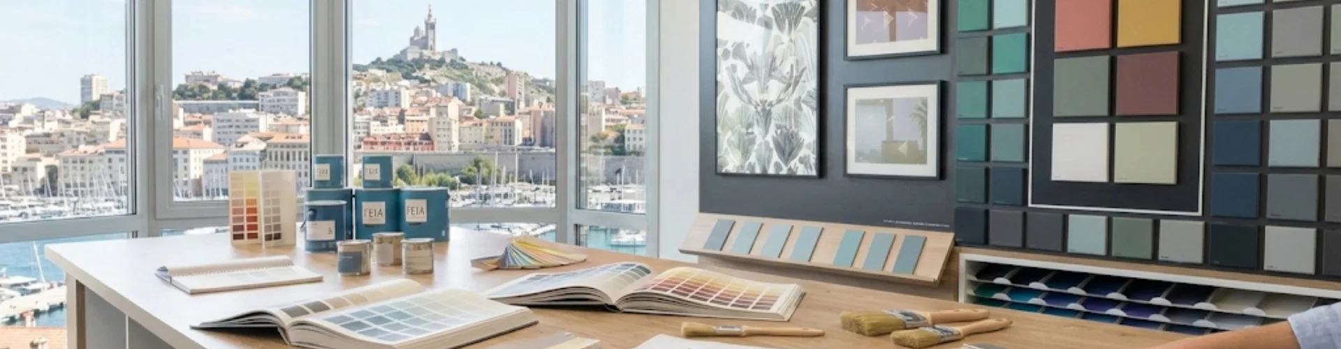 Voici des propositions de texte alternatif (balise alt) et de légende pour cette image, optimisées pour le SEO (référencement naturel) et l'accessibilité, en lien avec votre article sur les finitions de peinture. L'image montre clairement une vue emblématique de Marseille (avec Notre-Dame de la Garde), ce qui est un atout pour l'ancrage local si votre activité s'y trouve. 1. Texte Alternatif (Alt Text) Ce texte est destiné aux moteurs de recherche et aux personnes malvoyantes. Il doit décrire l'image tout en incluant vos mots-clés. Option A (Descriptive et Localisée - Recommandée) : "Table de travail avec nuanciers de couleurs, pots d'échantillons et pinceaux pour choisir une finition de peinture, avec vue sur Notre-Dame de la Garde à Marseille.