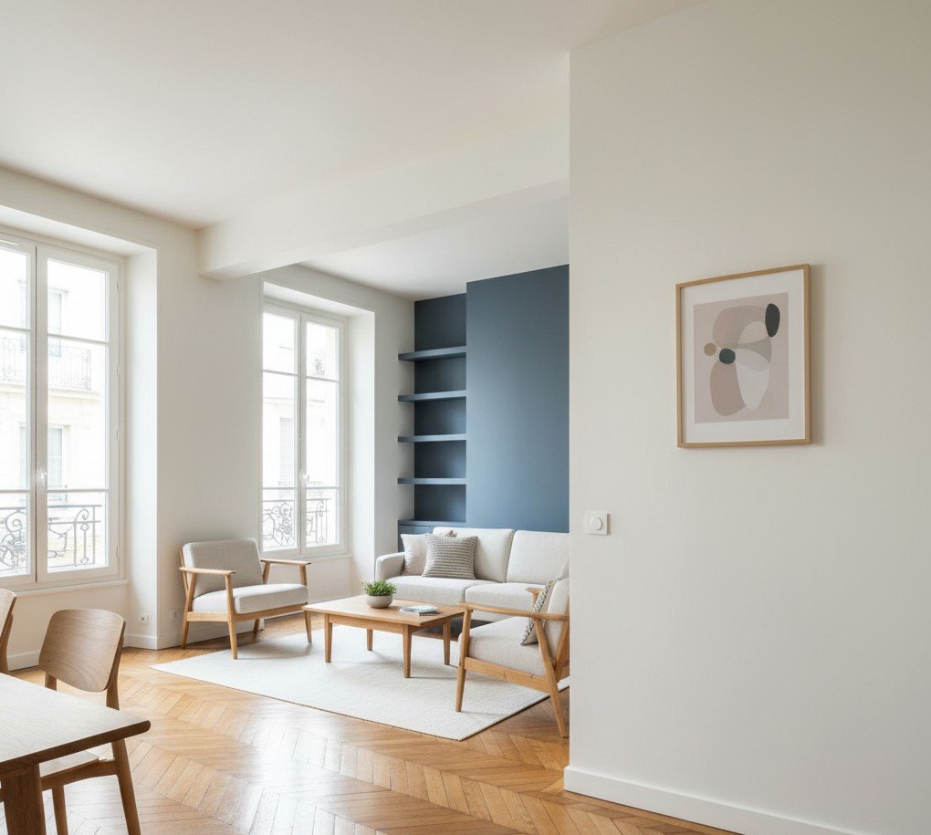 Rénovation d'un salon d'appartement à Marseille 13002 avec murs blancs impeccables, parquet ancien et mur d'accent bleu par M2Peinture.