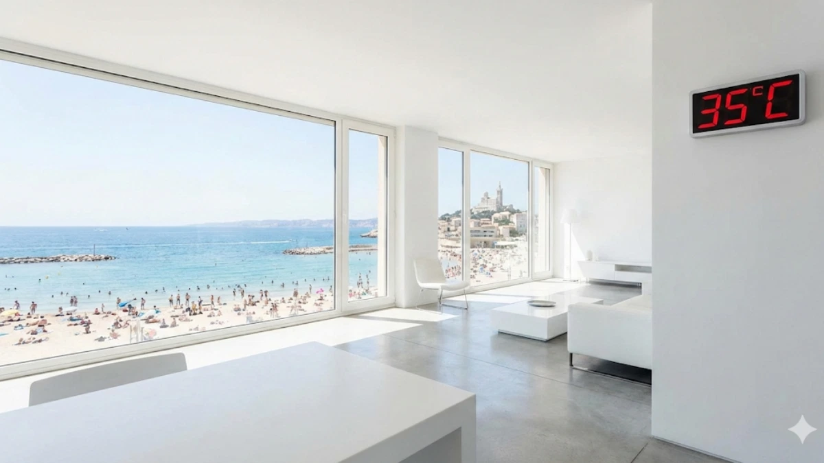 Intérieur lumineux à Marseille avec vue sur la mer et un thermomètre affichant 35°C, illustrant les risques de peindre en période de forte chaleur ou canicule.