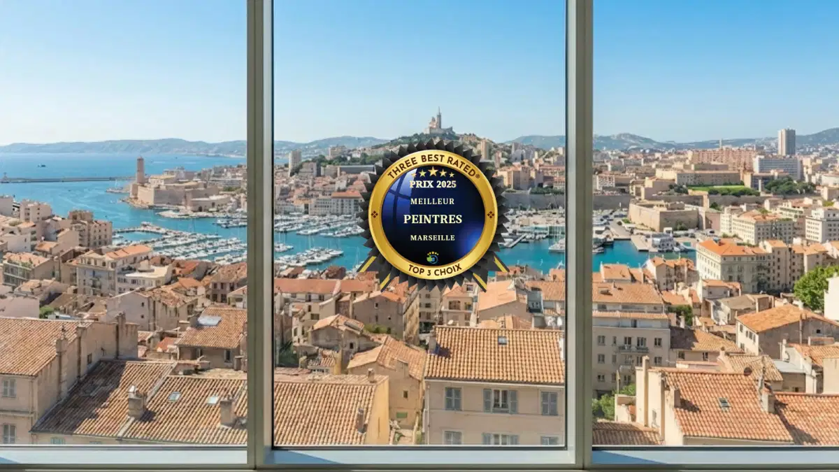 Badge certification Three Best Rated Prix 2025 Meilleur Peintre Marseille superposé sur une vue panoramique du Vieux-Port