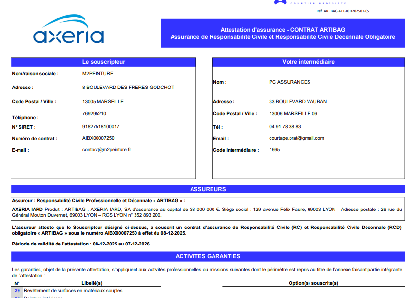 Attestation d'assurance garantie décennale de l'entreprise de peinture M2peinture à Marseille.