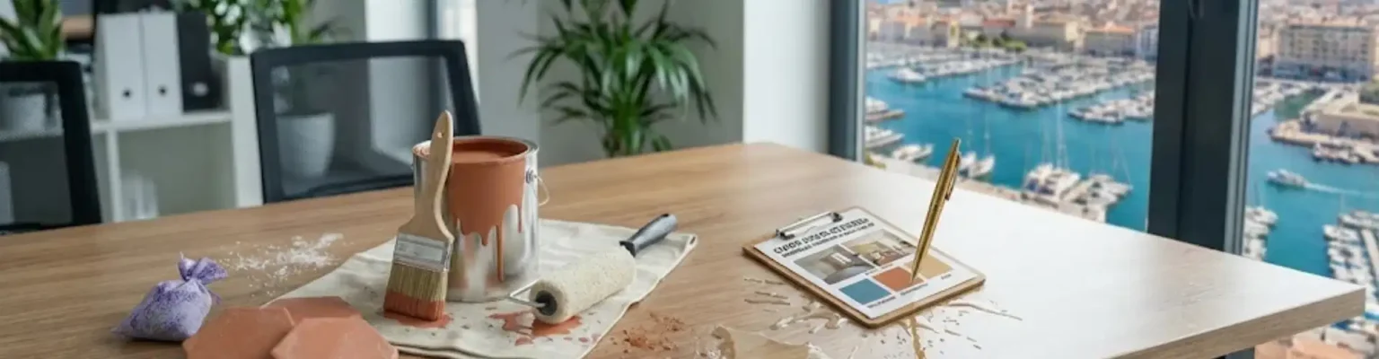 peindre avant de vendre Matériel de peinture et nuancier sur une table avec vue sur le Vieux-Port de Marseille, illustrant un projet de home staging avant vente.