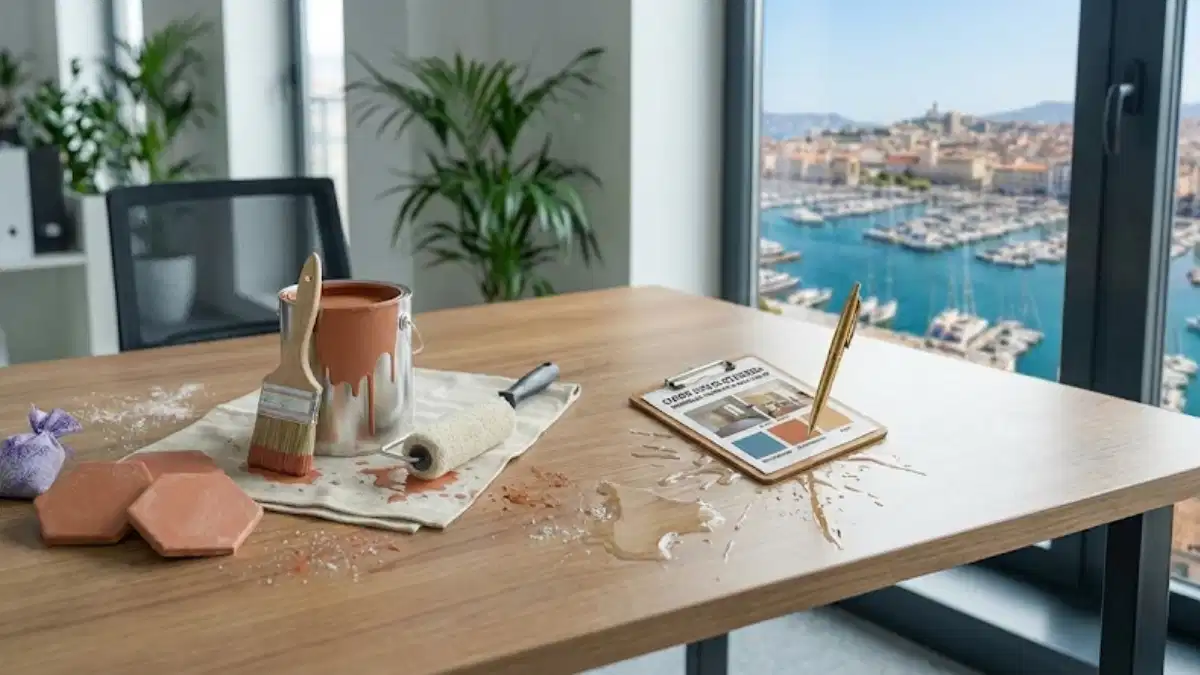 Matériel de peinture et nuancier sur une table avec vue sur le Vieux-Port de Marseille, illustrant un projet de home staging avant vente.
