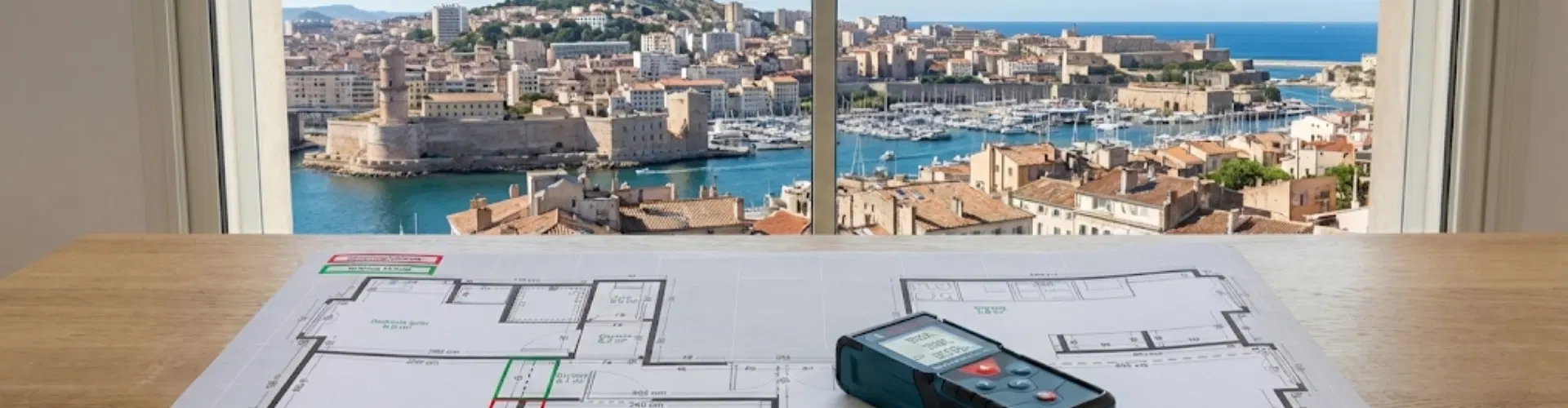 Plans de rénovation et télémètre laser devant une vue du Vieux-Port de Marseille, illustrant le calcul du prix des travaux de peinture au m2.