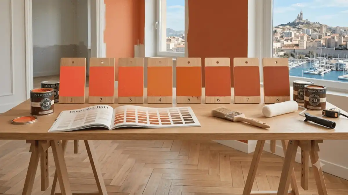 Comparatif des 8 nuances de peinture orange Farrow & Ball pour un projet de rénovation à Marseille.