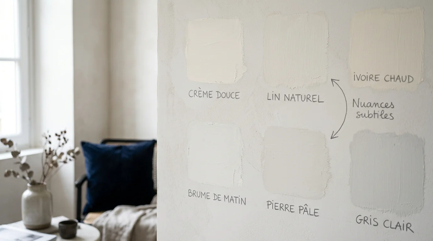 Échantillons de blanc cassé peints sur un mur intérieur