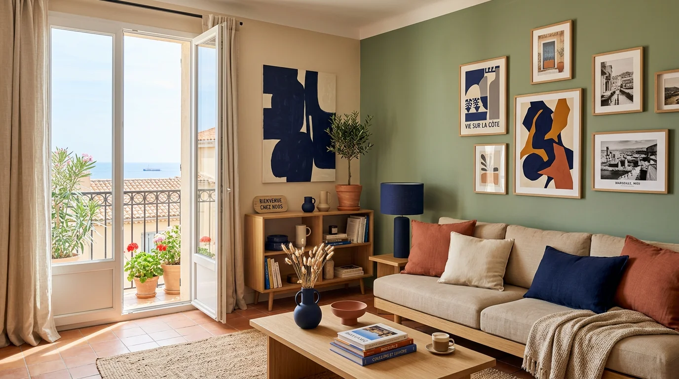 Salon d'appartement aux couleurs tendance 2026 avec mur vert sauge et textiles terracotta