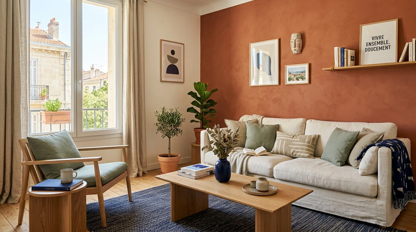 Salon lumineux aux tons naturels avec mur d'accent terracotta