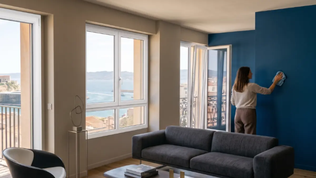 Femme peignant un mur bleu
