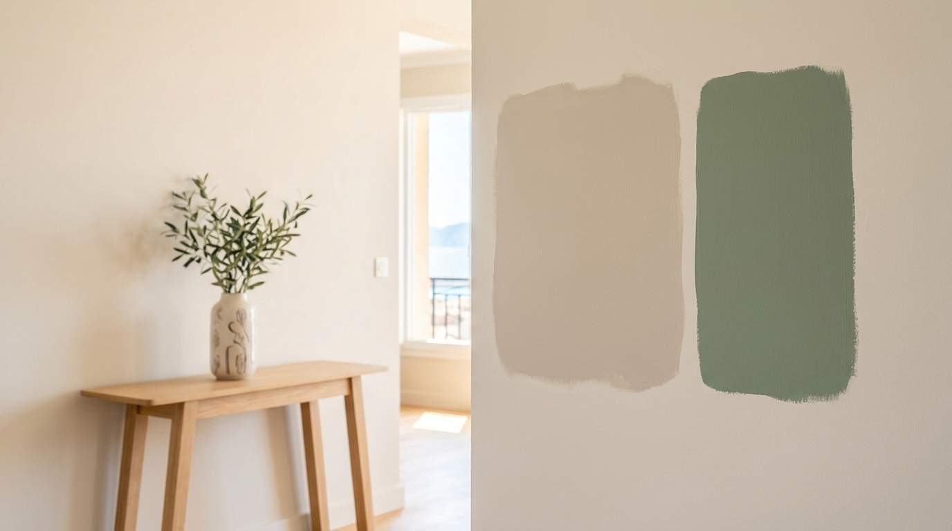 Échantillons de peinture neutre greige et vert sauge sur un mur]